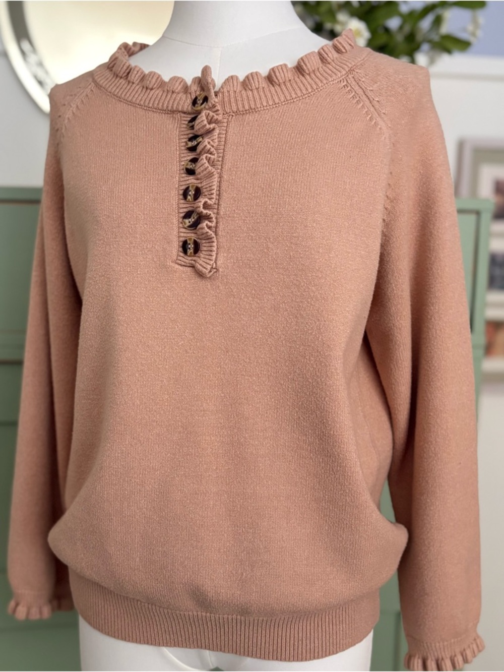 BTFBM Knit Sweater in Rosy Taupe w Ruffled Sleeve & Cuff - Half Button Closure L - Picture 6 of 11